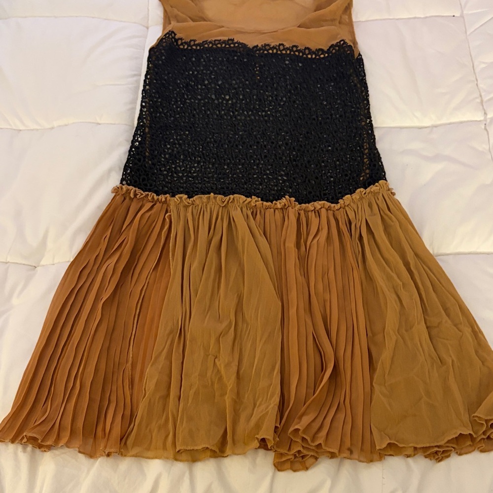 Black Crochet Bodice + Mustard Pleated Skirt Dress